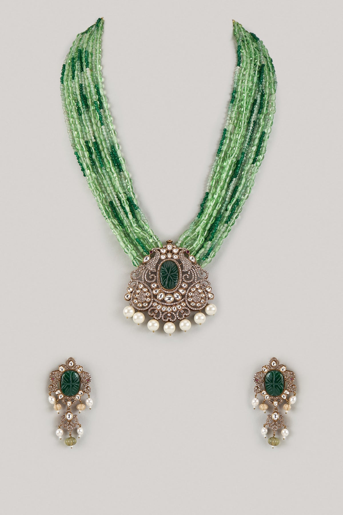 Two Tone Finish Emerald Agate Beaded & Uncut Kundan Polki Long Necklace Set