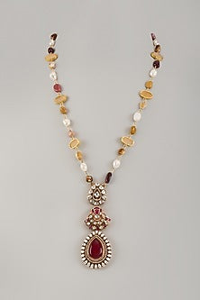 Gold Finish Moissanite Stone & Pearl Long Pendant Necklace