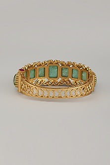 Gold Finish Uncut Polki & Green Aventurine Stone Openable Bangle