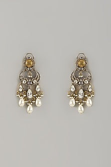 White Finish Kundan Polki & Perl Drop Dangler Earrings