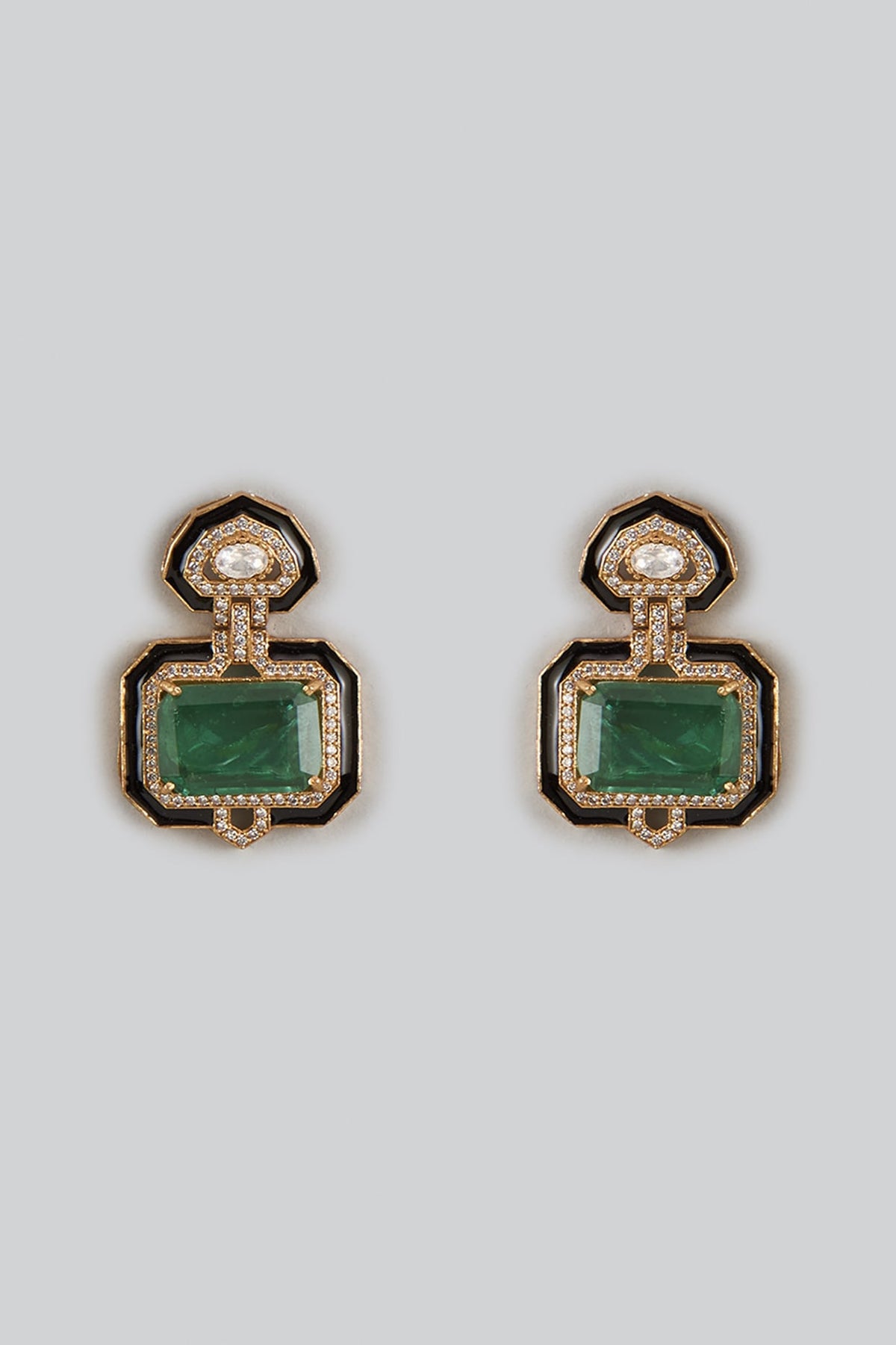 Gold Finish Doublet Green Stone & Cubic Zirconia Enameled Stud Earrings