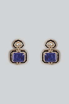 Gold Finish Doublet Blue Stone & Cubic Zirconia Enameled Stud Earrings