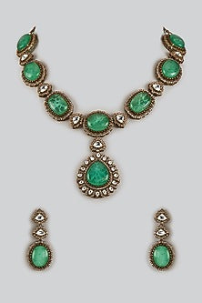 Two Tone Finish Uncut Kundan Polki & Green Aventurine Necklace Set
