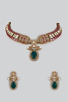 Gold Finish Moissanite Stone & Ruby Choker Necklace Set
