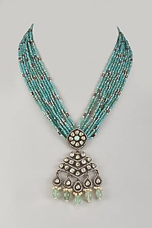 Black Rhodium Finish Blue Agate & Moissanite Polki Long Mala