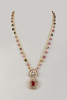 Gold Finish Moissanite Polki & Natural Stone Long Pendant Necklace