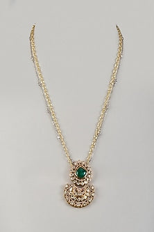 Gold Finish Moissanite Polki & Green Stone Long Pendant Necklace