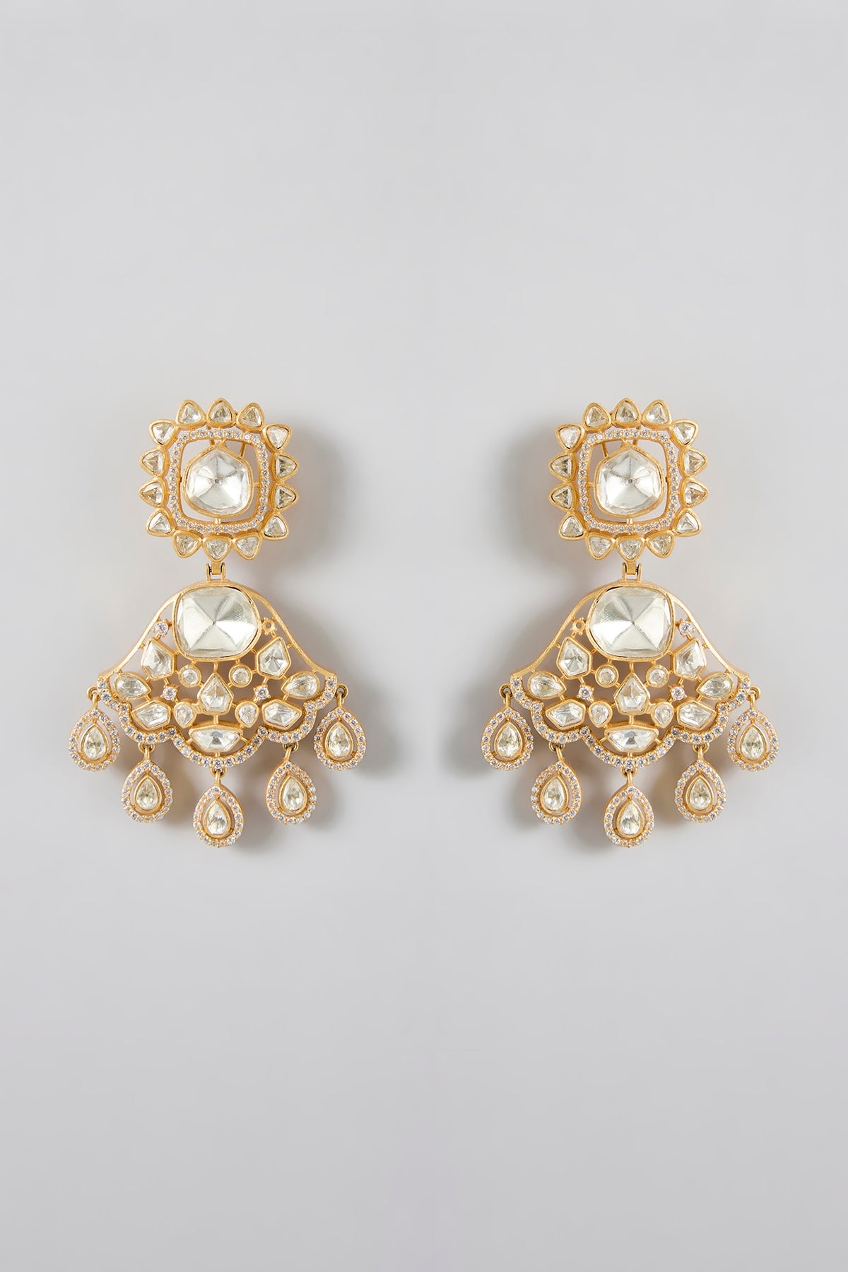 Gold Finish Kundan Polki Chandbali Earrings