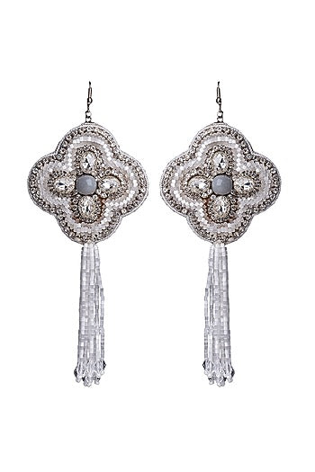 White Embroidered Floral Fringe Earrings
