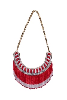 Red Glass Stone & Pearl Embroidered Necklace