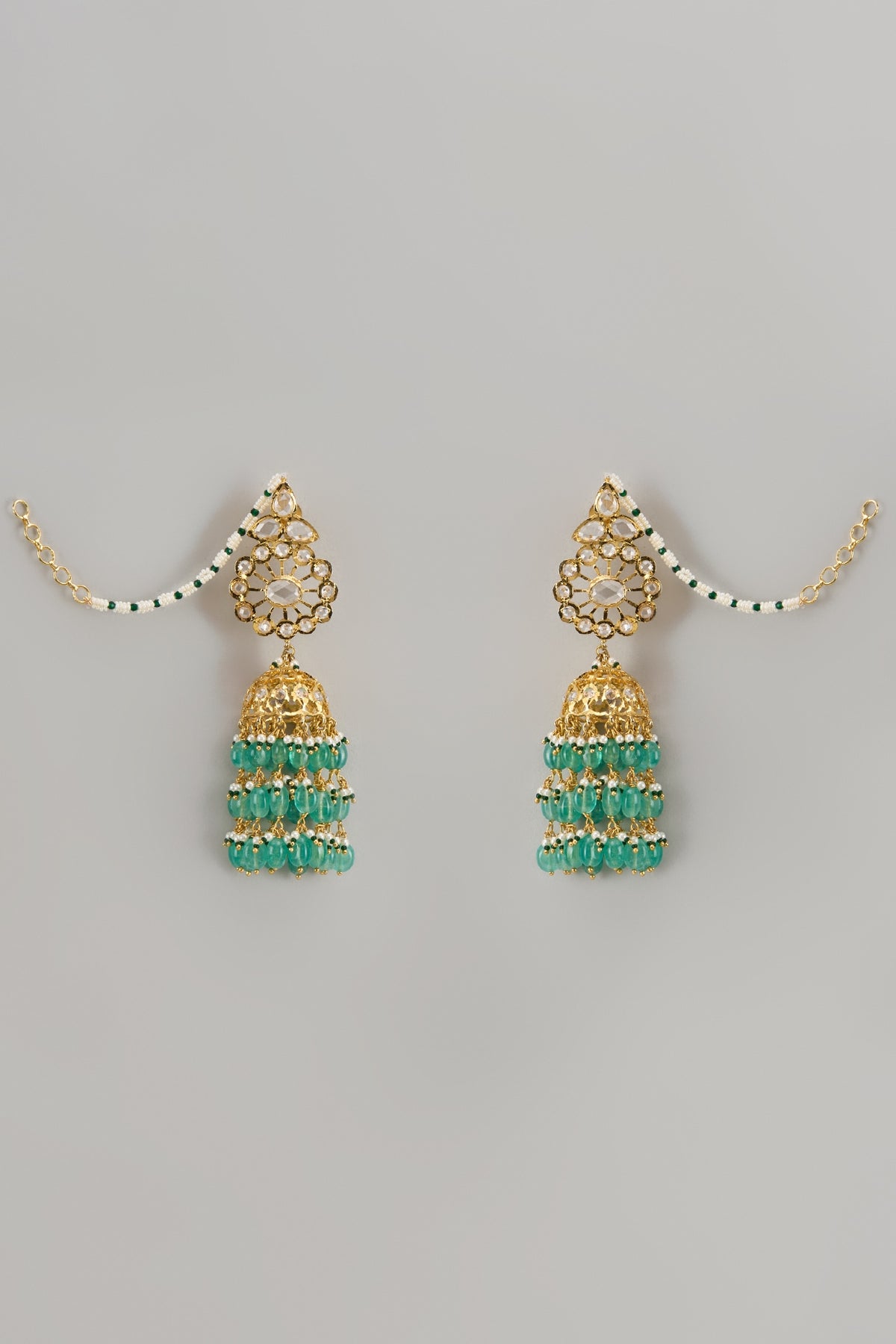Gold Plated Kundan Polki & Green Onyx Jhumka Earrings