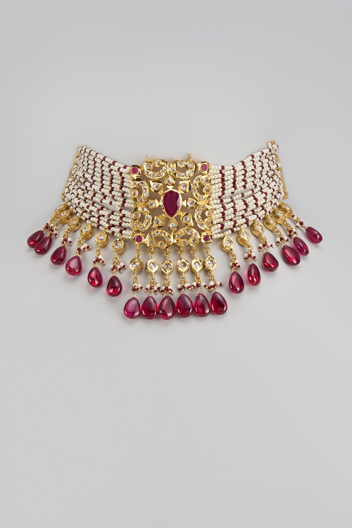 Gold Plated Kundan Polki & Red Onyx Choker Necklace