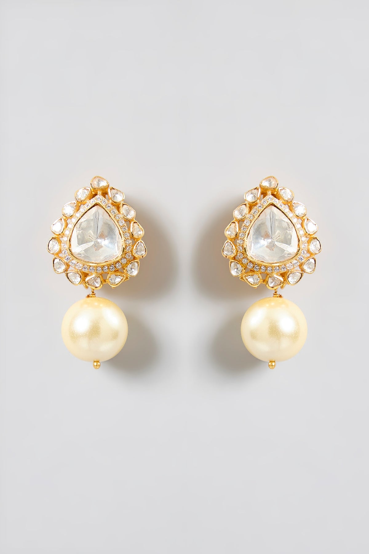 Gold Finish Moissanite Polki & Pearl Drop Stud Earrings In Sterling Silver