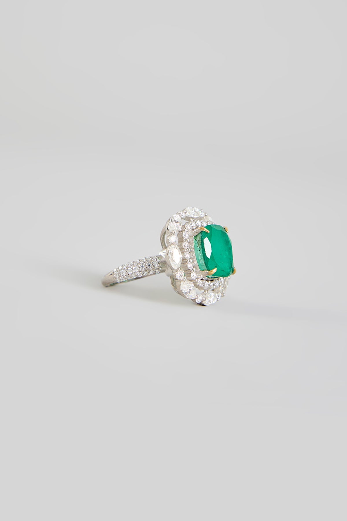 Silver Finish Cubic Zirconia & Emerald Stone Ring In Sterling Silver