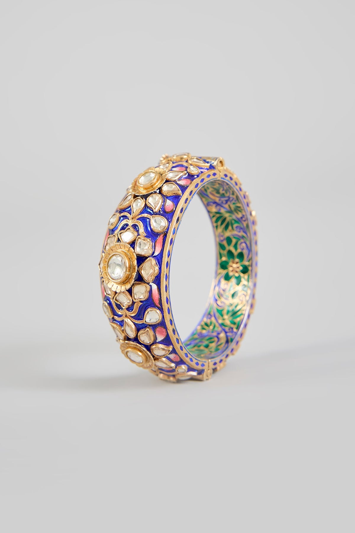 Gold Finish Kundan Polki Blue Meenakari Bangle In Sterling Silver