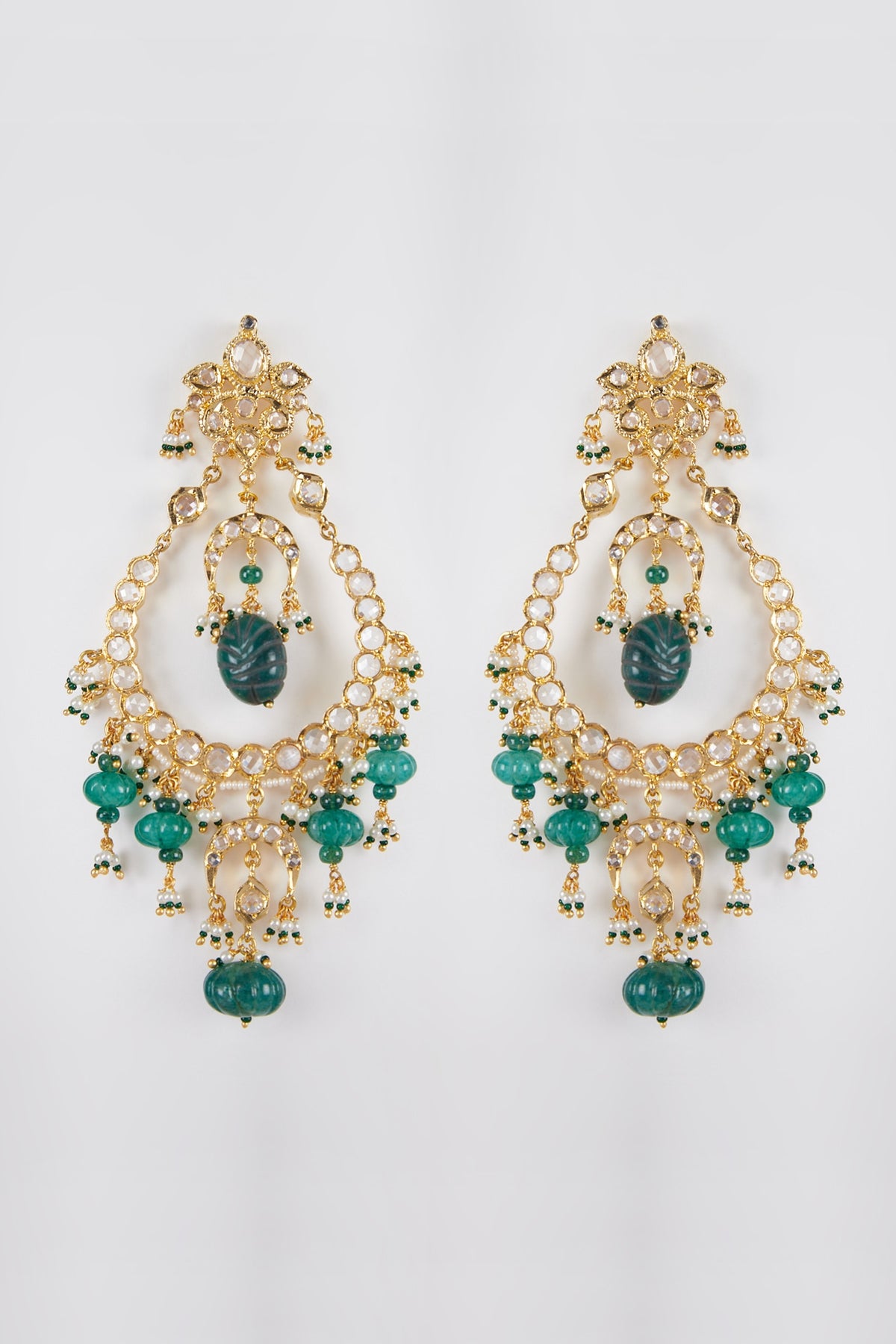 Gold Plated Green Onyx And Kundan Chandbali Earrings