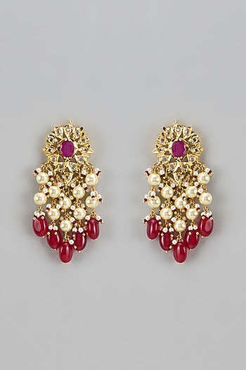 Gold Plated Kundan Polki & Pearl Dangler Earrings