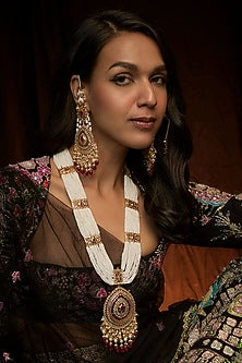 Gold Plated Kundan Polki & Red Onyx Long Necklace Set