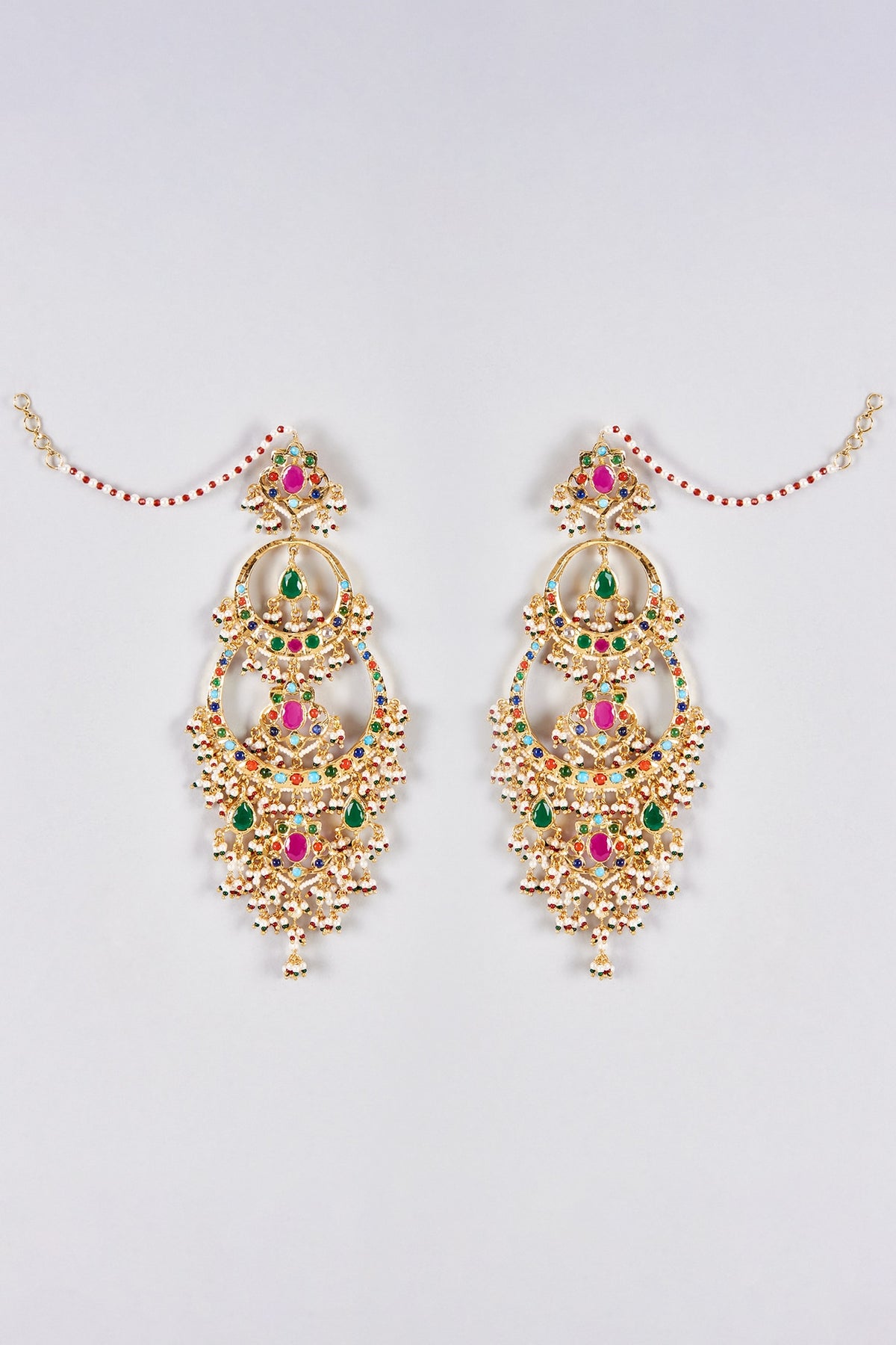 Gold Plated Kundan Polki & Navratna Stone Chandbali Earrings