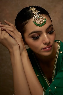 Gold Plated Kundan Polki & Green Onyx Maangtikka