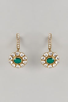 Gold Finish Kundan Polki & Emerald Stone Dangler Earrings In Sterling Silver