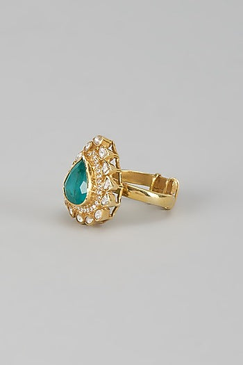 Gold Finish Kundan Polki & Emerald Drop Ring In Sterling Silver