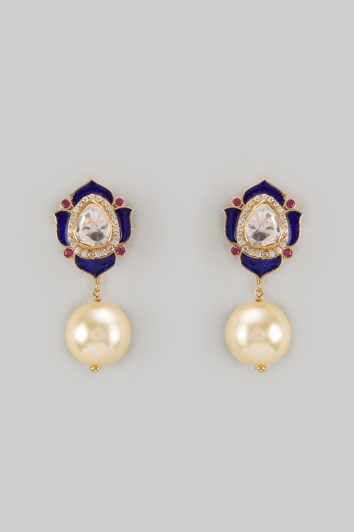 Gold Finish Kundan Polki Blue Enameled Dangler Earrings In Sterling Silver