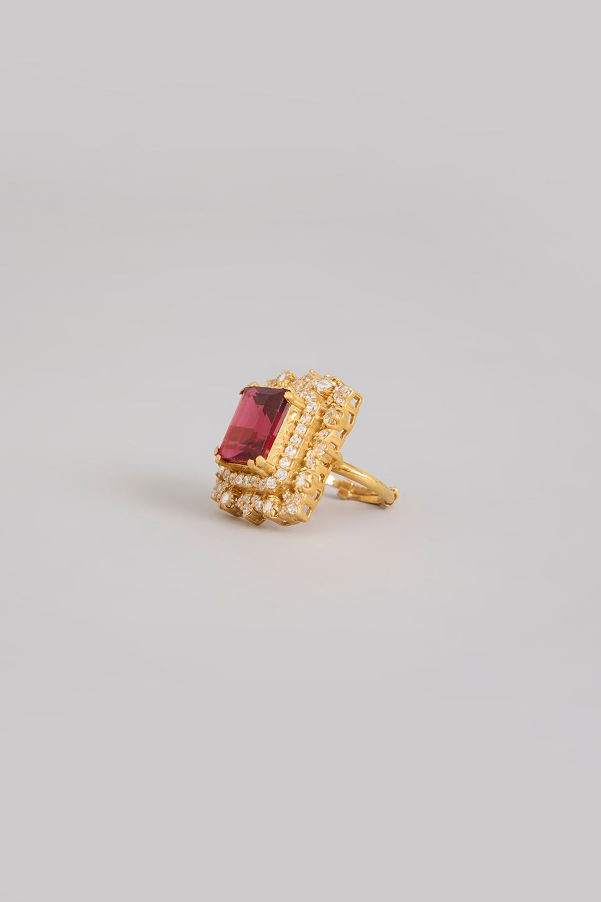Gold Finish Moissanite Polki & Ruby Doublet Stone Ring In Sterling Silver