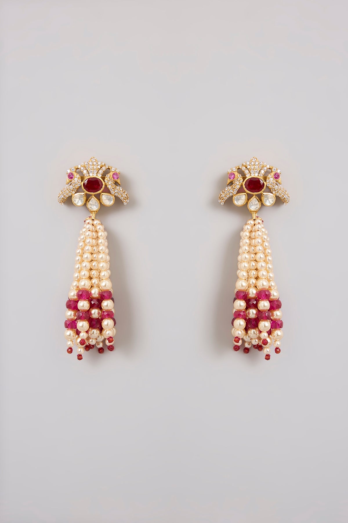 Gold Finish Kundan Polki & Ruby Beaded Layered Necklace Set In Sterling Silver