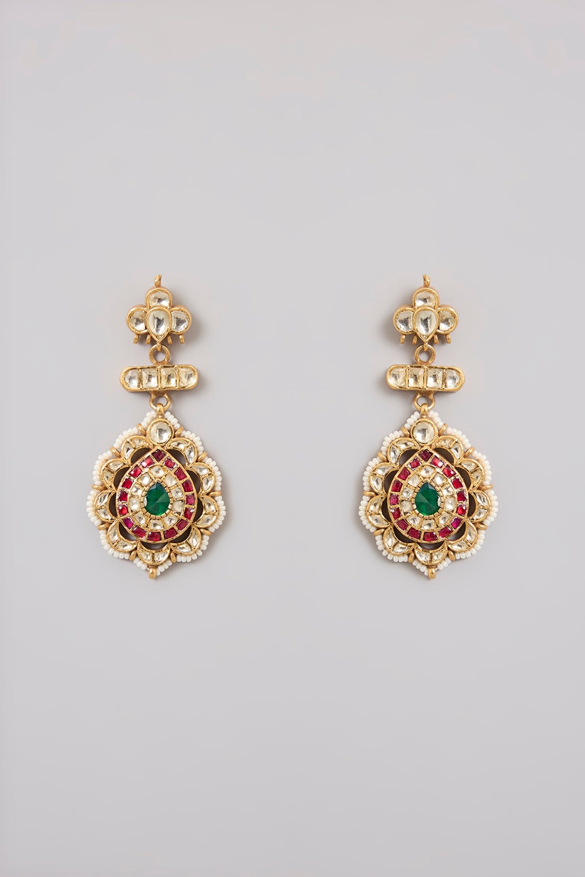 Gold Finish Kundan Polki & Emerald Stone Meenakari Enameled Chandbali Earrings In Sterling Silver