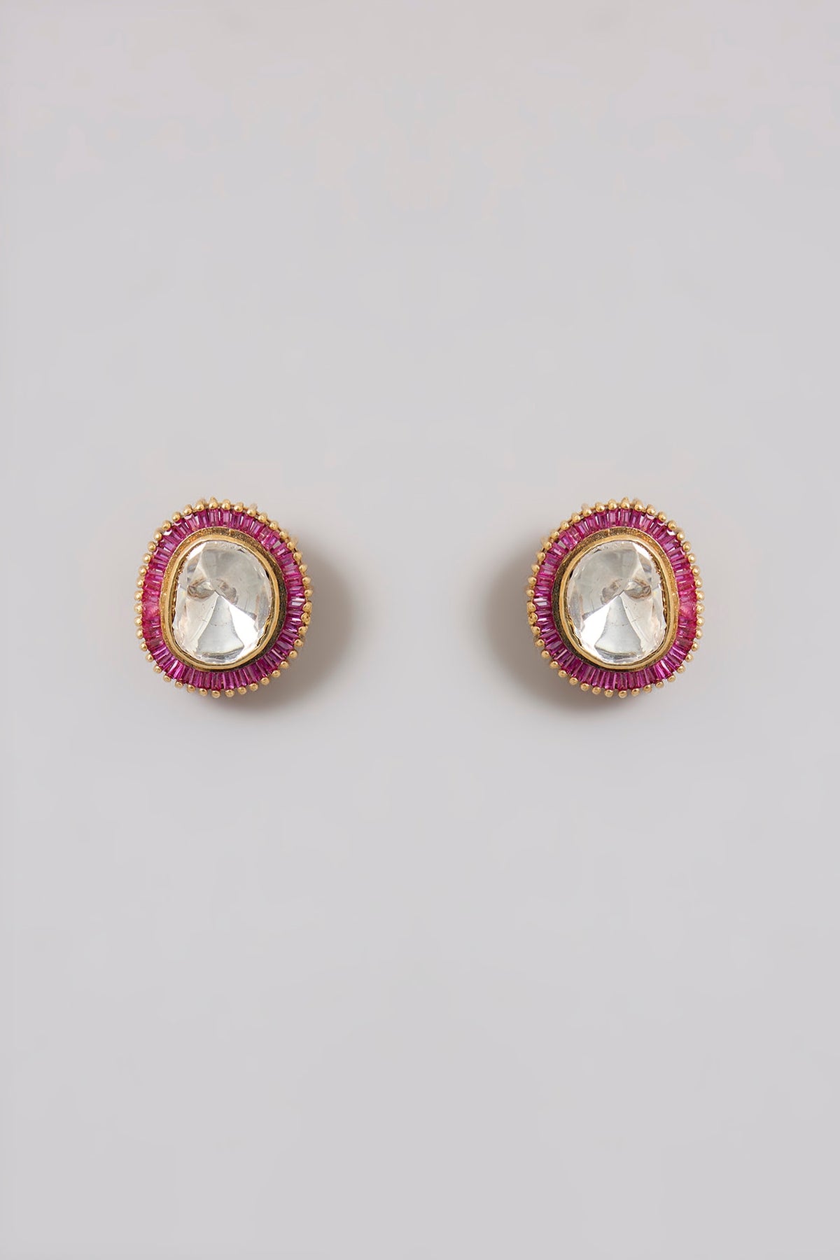 Gold Finish Kundan Polki & Ruby Gemstone Stud Earrings In Sterling Silver