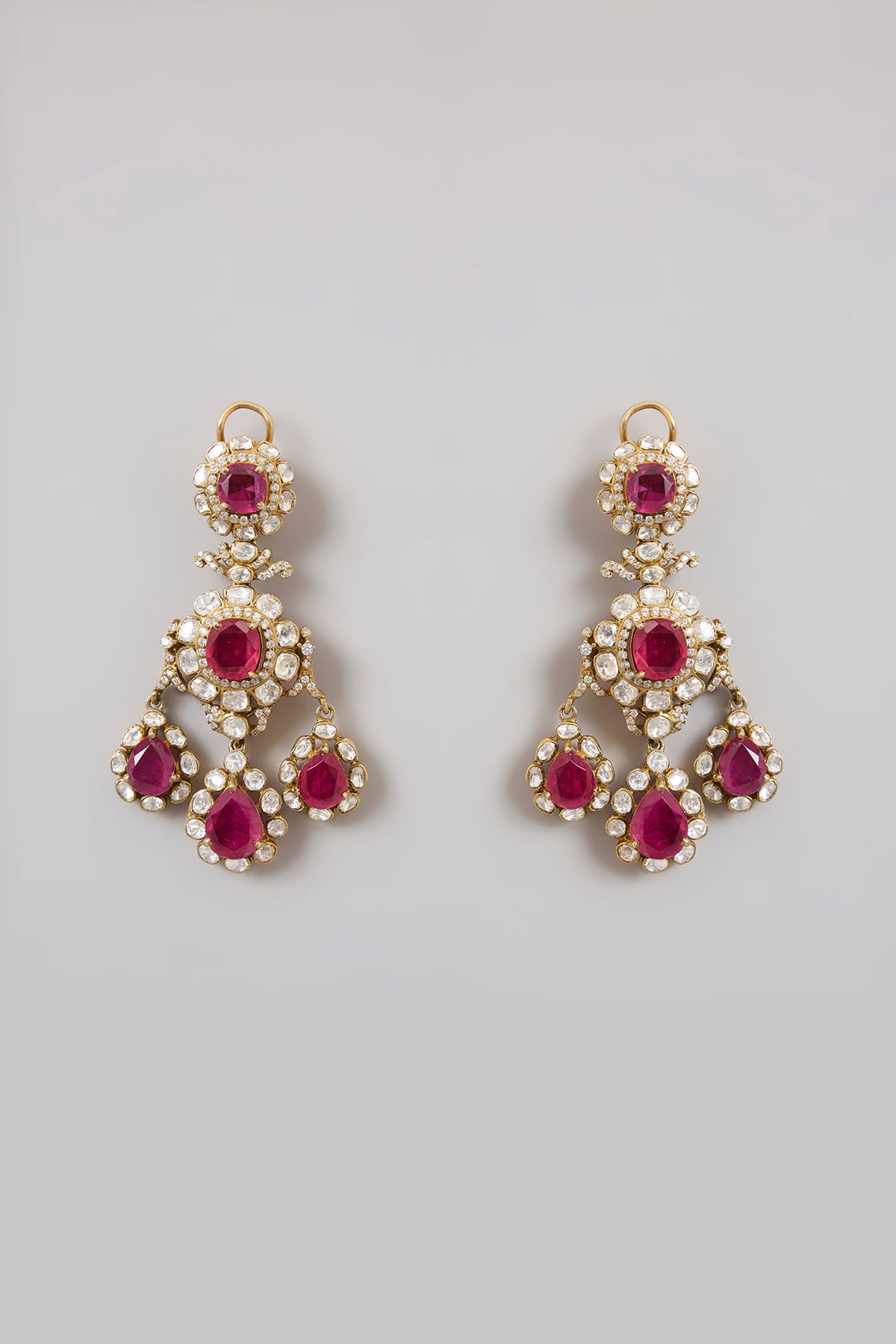 Gold Finish Kundan Polki & Ruby Gemstone Chandelier Earrings In Sterling Silver