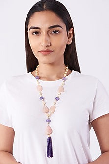 Gold Plated Pink Quartz Long Necklace