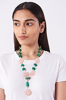 Gold Plated Rose Pink Quartz Long Necklace