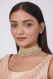 Gold Plated Kundan Polki & Pearl Choker Necklace