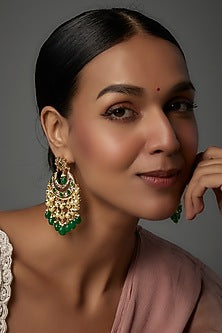 Gold Plated Kundan Polki & Onyx Chandbali Earrings