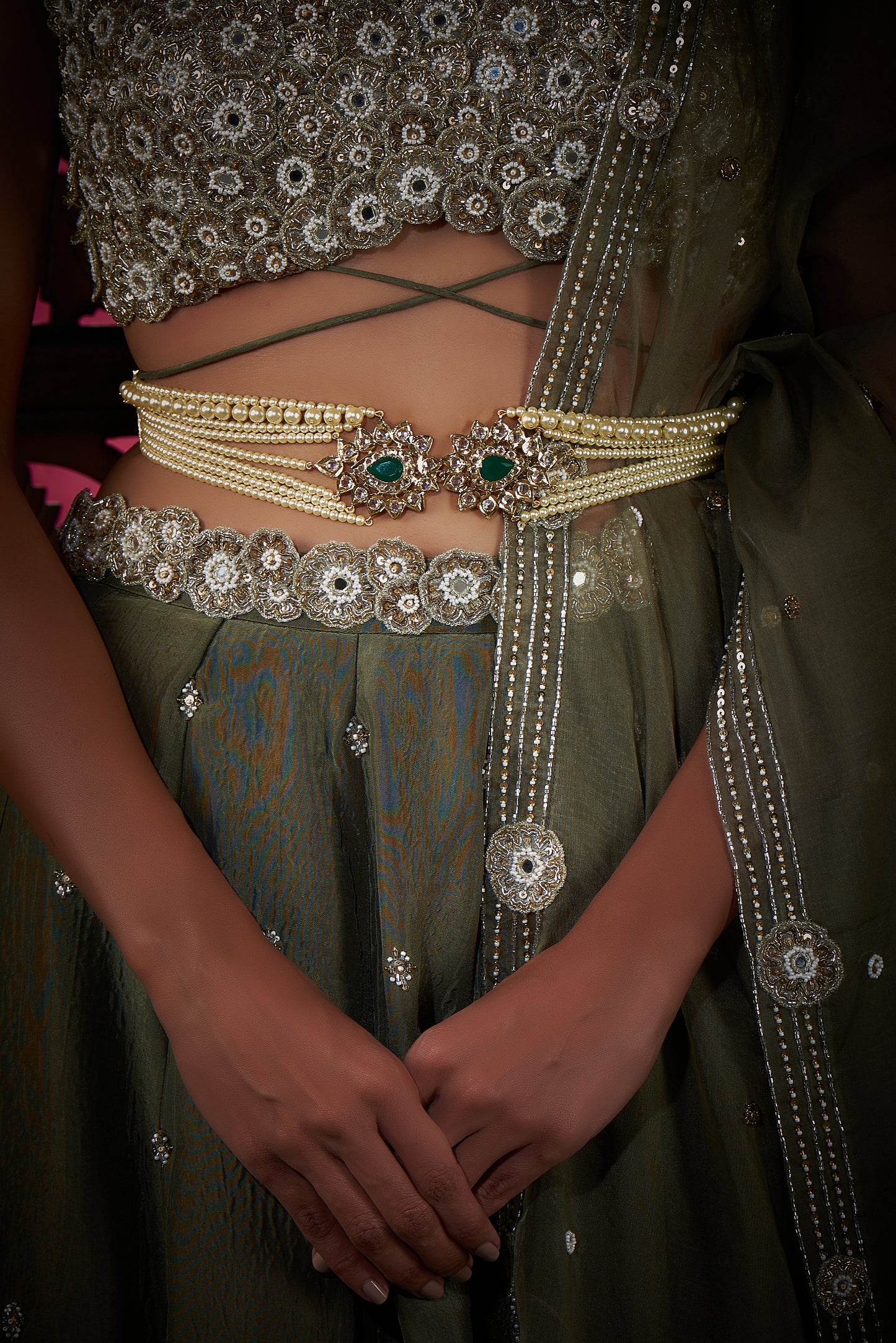 Gold Plated Kundan Polki & Green Onyx Waist Belt