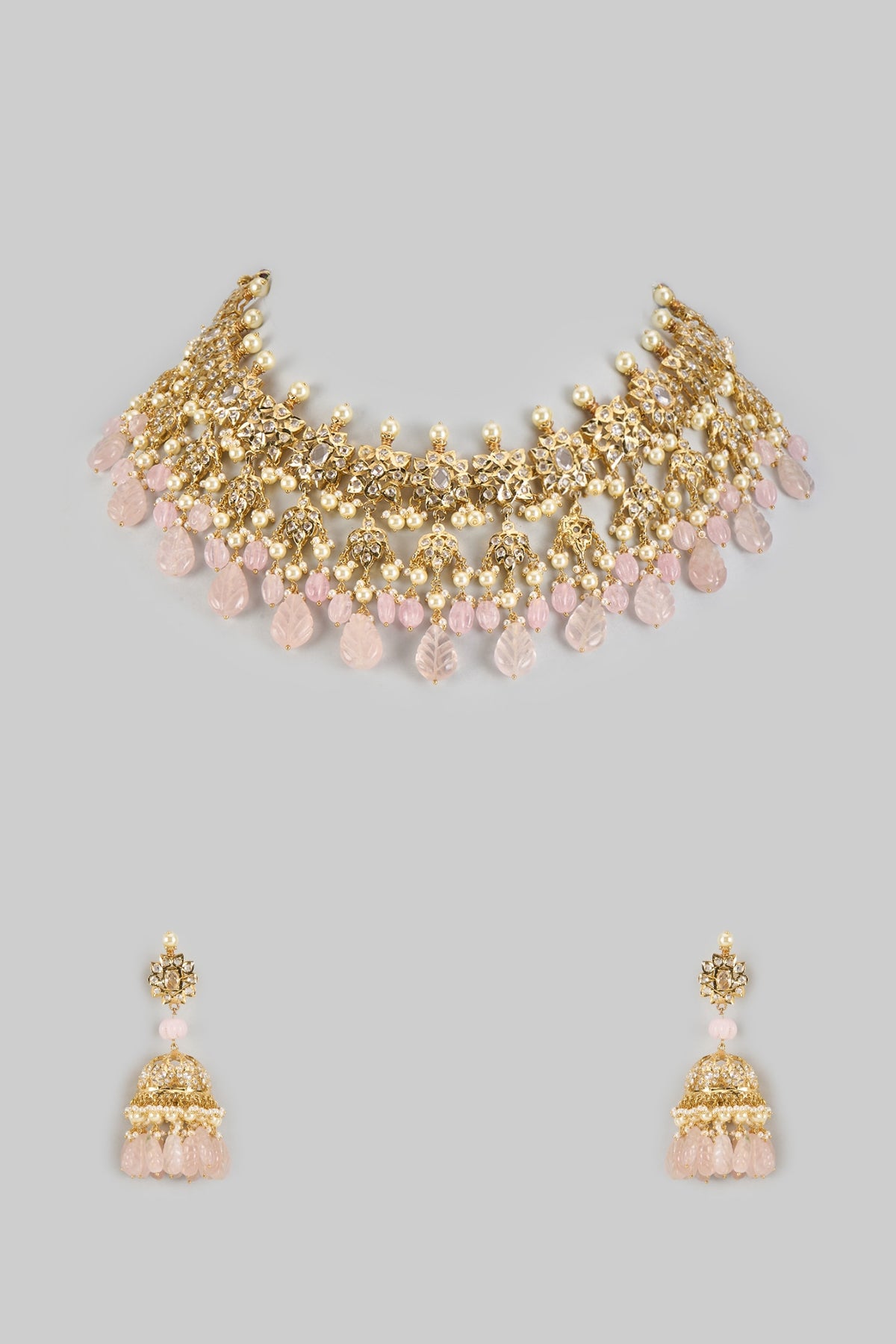 Gold Plated Kundan Polki & Pink Carved Onyx Choker Necklace Set