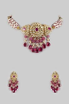 Gold Plated Kundan Polki & Red Onyx Choker Necklace Set