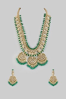 Gold Plated Kundan Polki & Green Onyx Long Necklace Set