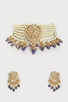 Gold Plated Kundan Polki & Blue Beaded Choker Necklace Set