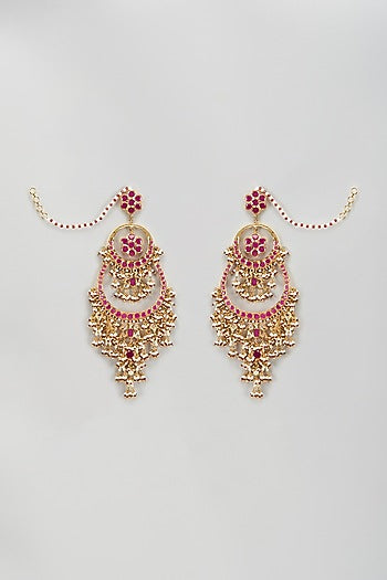 Gold Plated Kundan Polki & Red Onyx Chandbali Earrings