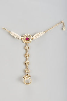 Gold Plated Kundan Polki & Red Onyx Hathphool