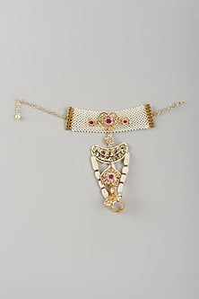 Gold Plated Kundan Polki & Red Onyx Hathphool