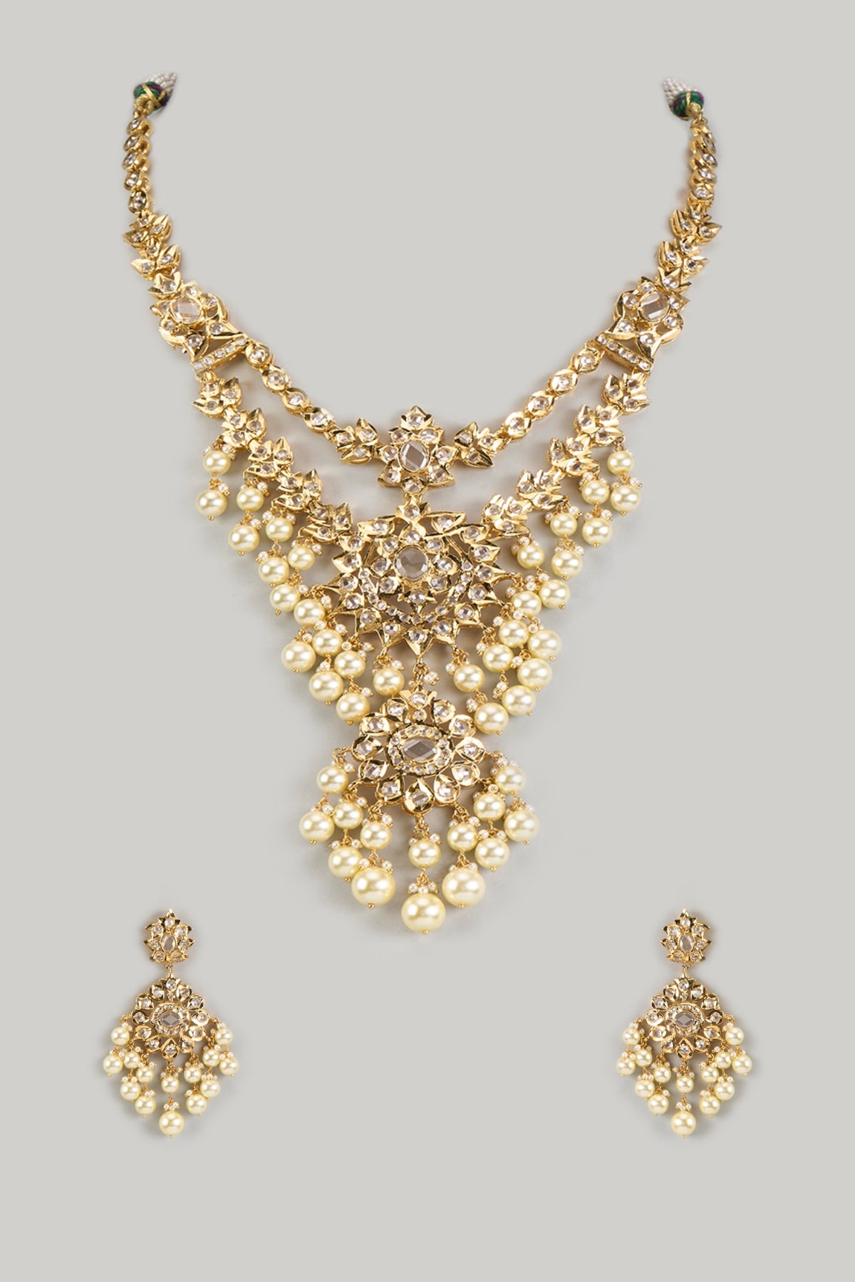 Gold Plated Kundan Polki & Beaded Drop Layered Necklace Set