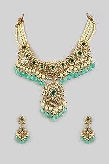 Gold Plated Kundan Polki & Green Pearl Necklace Set