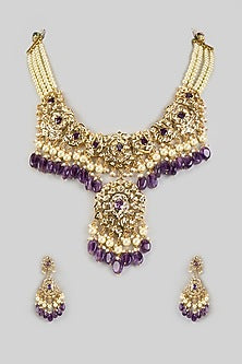 Gold Plated Kundan Polki & Purple Pearl Necklace Set