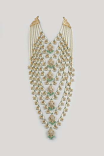Gold Plated Kundan Polki & Green Beaded Layered Necklace