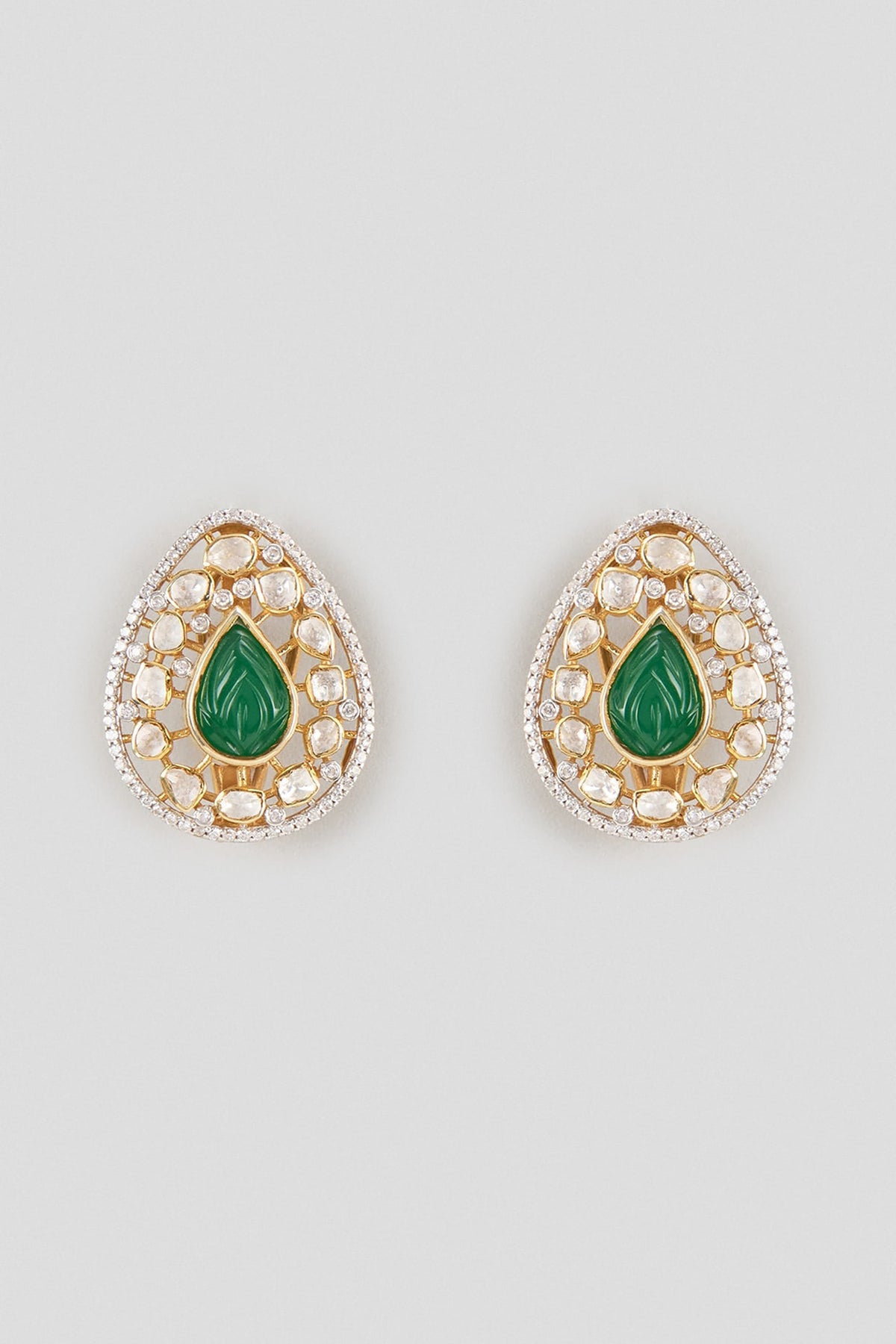 Gold Finish Kundan Polki & Pear-Cut Emerald Drop Stud Earrings In Sterling Silver