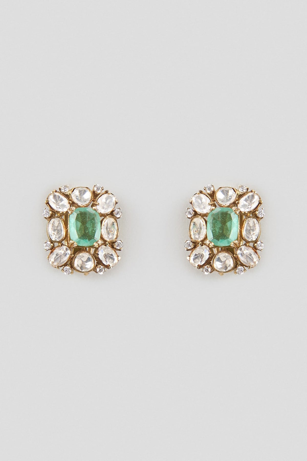 Gold Finish Kundan Polki & Emerald Stone Stud Earrings In Sterling Silver